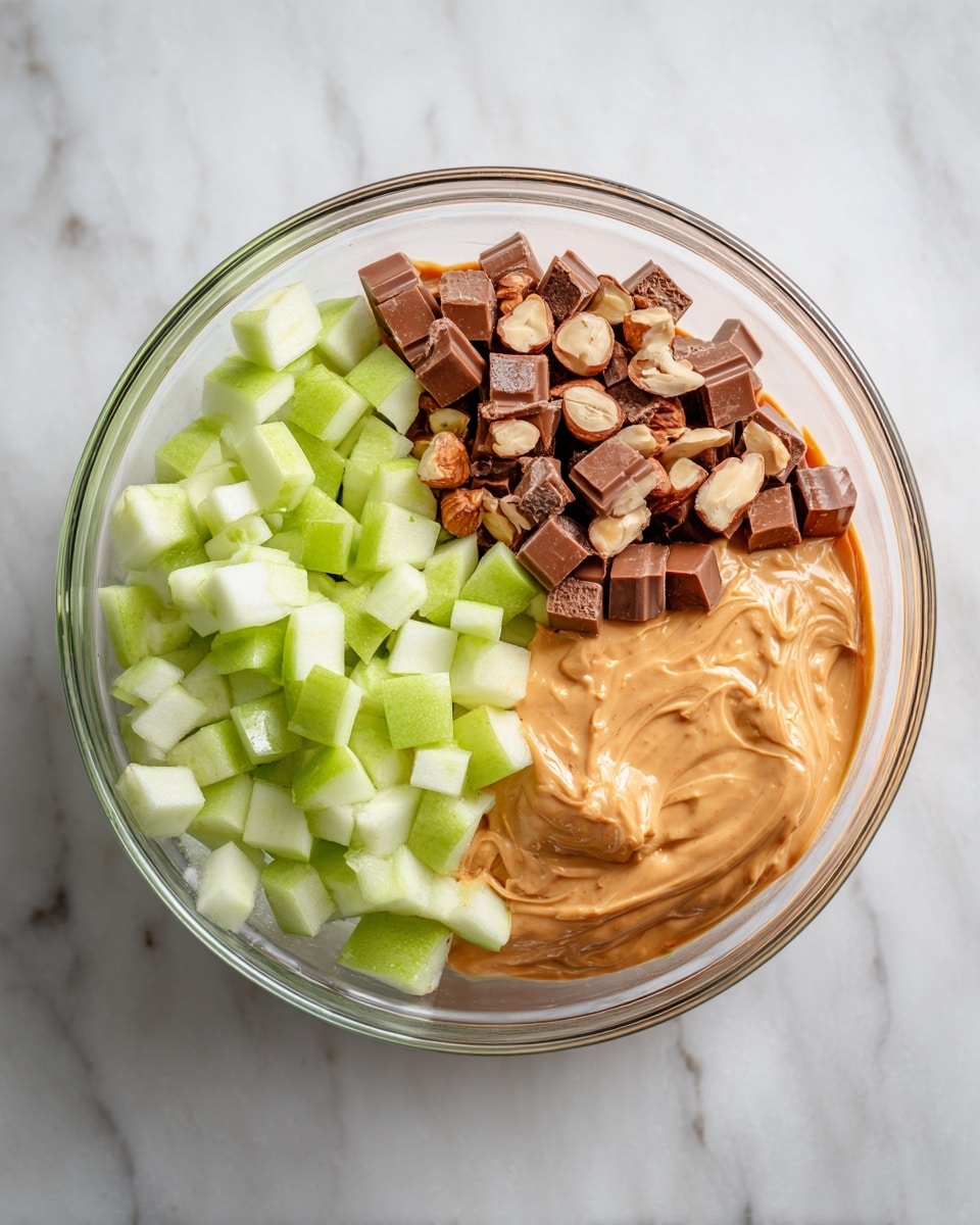 A white plate with four green apples arranged in a loose circle, each apple showing a smooth, shiny skin with a small brown stem. Below the plate on a white marbled surface are several candy bars including two Snickers bars, one Satisfies bar, and a box of Jello caramel pudding mix. To the right of the candy bars is a large white container of Cool Whip Original with colorful graphics on its lid. The scene is bright and clear, with a simple and clean look. photo taken with an iphone --ar 4:5 --v 7