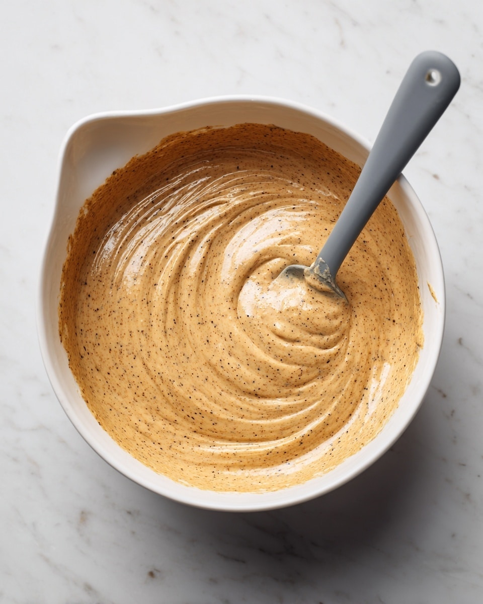 The image shows a close-up of a creamy light brown mixture with tiny dark specks, filling a white bowl with a spout on the left side. A gray spatula is partially submerged in the mixture on the right side of the bowl, with some of the mixture on its edge. The surface of the mixture has a smooth and slightly glossy texture with gentle swirls. The bowl sits on a white marbled surface. photo taken with an iphone --ar 4:5 --v 7