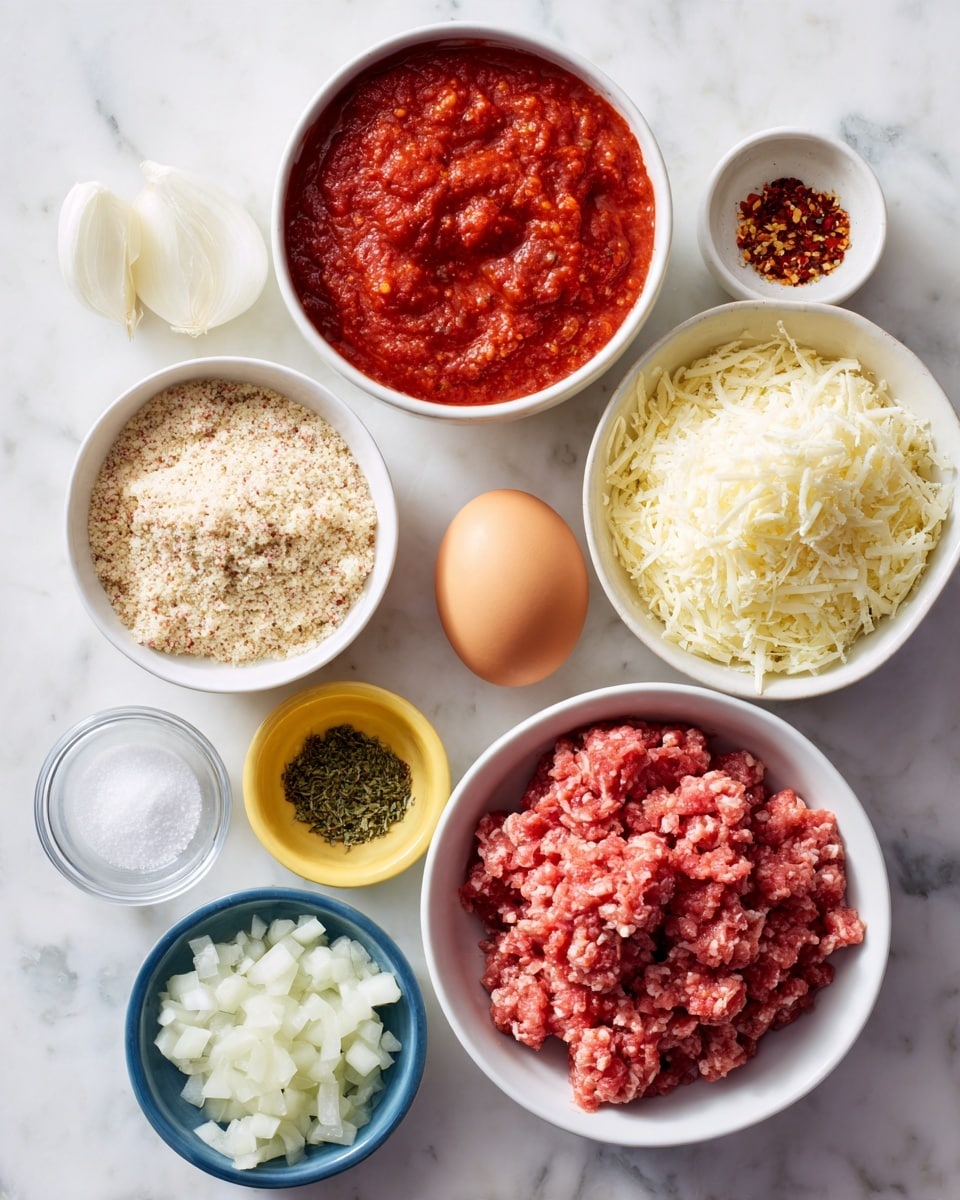A white bowl filled with light pink ground meat sits at the bottom center on a white marbled surface. Above it to the right is a white bowl with thick, bright red tomato sauce with a chunky texture. Above that is a white bowl filled with finely grated pale yellow cheese. To the left of the cheese bowl is a white bowl with beige breadcrumbs mixed with small red specks. Below that is a small yellow bowl with diced white onions. To the left is a small round glass container holding white salt. Above that is a small blue bowl containing green dried herbs mixed with black pepper and red chili flakes. A single brown egg rests in the middle of the layout among the bowls. photo taken with an iphone --ar 4:5 --v 7