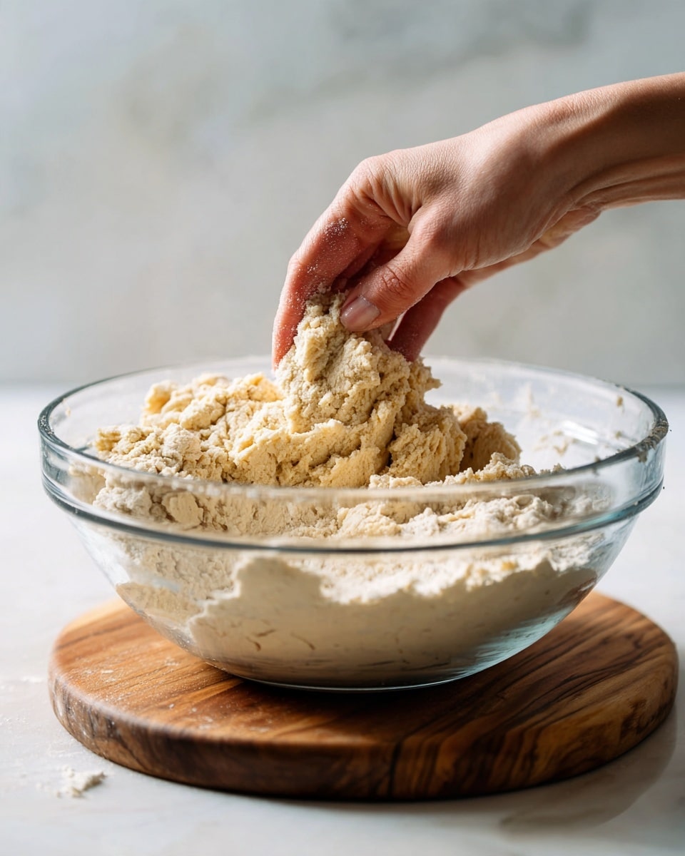 A clear glass bowl sits on a small wooden board over a white marbled surface. Inside the bowl is a light beige dough with a soft, slightly sticky texture and uneven surface. A woman's hand is seen pulling and slightly stretching the dough from the right side, showing its elasticity. The lighting is bright and natural, highlighting the dough's rough and fluffy details. photo taken with an iphone --ar 4:5 --v 7