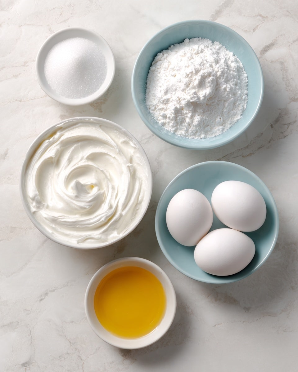 The image shows five small white bowls arranged on a white marbled surface. One bowl contains smooth, white cream with soft swirls on top. Another bowl holds white powder, likely a dry ingredient, with a fluffy texture. A third bowl has fine white granulated sugar, clean and even. There is a light blue bowl with three whole white eggs, smooth and round. The last bowl contains a small amount of golden yellow liquid, bright and clear. Everything is bright and neatly placed. photo taken with an iphone --ar 4:5 --v 7