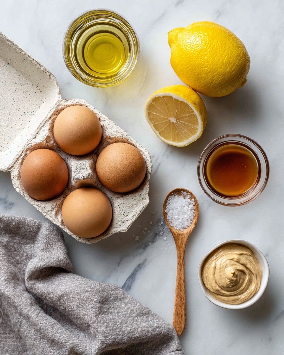 The image shows six items laid out on a white marbled surface: three brown eggs sitting in a speckled white egg tray on the left, a small clear glass filled with light golden oil near the top center, a whole bright yellow lemon to the right center, a small wooden spoon with white salt grains below the lemon, a small clear glass with amber liquid to the right of the spoon, and a small white bowl containing a beige creamy mustard at the bottom right. A grey cloth is partially visible at the bottom left corner. Photo taken with an iphone --ar 4:5 --v 7