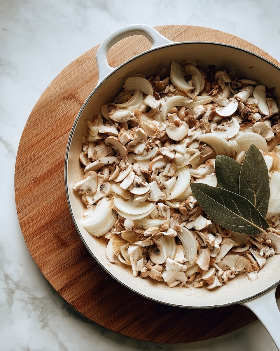 A white pan filled with a mix of light beige and white chopped mushrooms layered on top of thin slices of light pink and white onions. Two large dark green bay leaves rest on the right side of the pan. The pan handle is white and the pan sits on a round wooden board, all placed on a white marbled surface. photo taken with an iphone --ar 4:5 --v 7