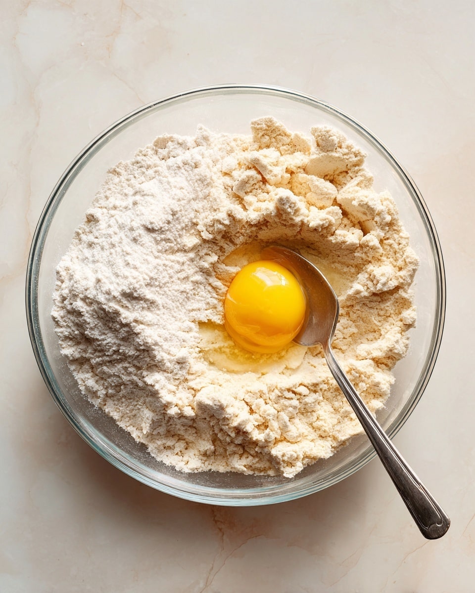 A clear glass bowl sits on a white marbled surface filled with multiple layers of ingredients. On the left side, there is a mound of fine white flour, and surrounding most of the bowl are moist, crumbly beige pieces. Near the center, there is a single bright yellow egg yolk resting on top, with egg white slightly visible around it. A shiny silver spoon is placed inside the bowl, positioned under the egg yolk towards the bottom right. The scene is bright and simple with soft natural light. photo taken with an iphone --ar 4:5 --v 7