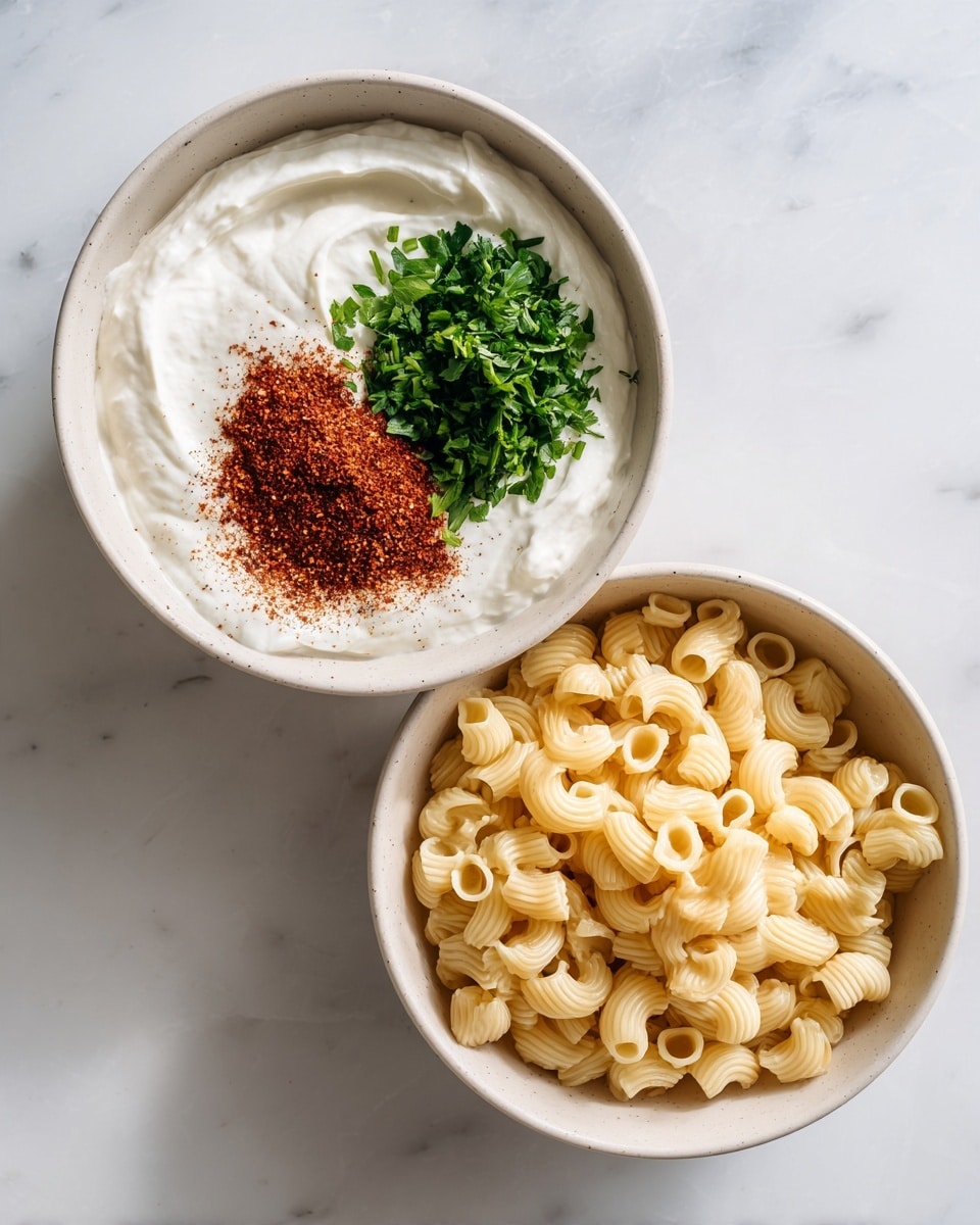 The image shows two white bowls on a white marbled surface. The bowl on the left has three separate layers: a smooth white cream layer covering most of the bowl, a small pile of green chopped herbs on one side, and a reddish-brown powdered spice next to the herbs. The bowl on the right contains a single layer of small tube-shaped pasta, pale yellow in color, filling the bowl fully. Photo taken with an iphone --ar 4:5 --v 7