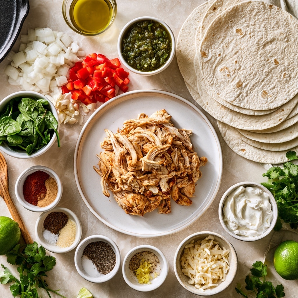 The image shows a close-up of shredded white chicken mixed with bright red bell pepper pieces, sautéed light yellow onions, and dark green spinach leaves. The chicken is seasoned with visible spices giving it a slight reddish-brown tint in places. The ingredients are evenly spread, creating a textured mix of soft chicken fibers and tender cooked vegetables on a white marbled surface. photo taken with an iphone --ar 4:5 --v 7