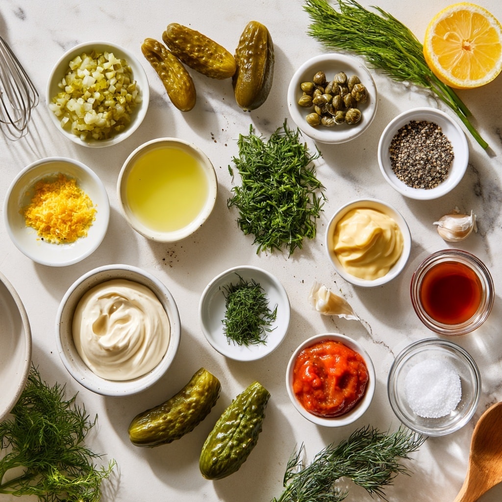 The image shows two clear glass bowls on a white marbled surface. The bowl on the left has multiple layers of ingredients including finely chopped green pickles at the bottom, dollops of white creamy base, a pile of dark spices like black pepper and paprika in the center, small mustard-colored dollop, light green herbs such as dill around the edges, and some liquid pooling at the bottom. The bowl on the right contains a thick, creamy mix with a smooth texture dotted with small green herb pieces evenly spread throughout. The colors range from creamy white to pale green and specks of darker green and brown spices. Photo taken with an iphone --ar 4:5 --v 7