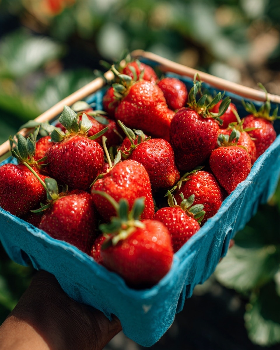 A blue carton holds many bright red strawberries with green leafy stems. The strawberries are shiny, fresh, and packed tightly together, filling the carton fully. The image is taken outdoors with green leaves and plants blurred in the background. A woman's hand is visible holding the carton from below. photo taken with an iphone --ar 4:5 --v 7