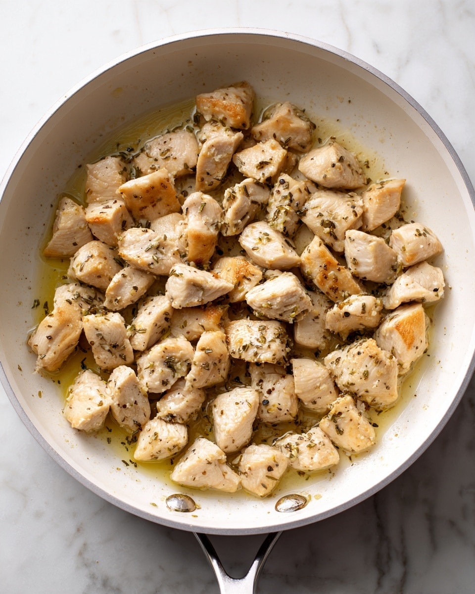 A white pan with a metal handle is filled with small, light beige pieces of cooked chicken evenly spread across the bottom. The chicken pieces are irregular shapes and sizes, some with a slight golden tint and small black specks of seasoning on them. There is a small amount of cooking liquid visible around the chicken pieces. The pan is placed on a white marbled surface with soft natural light coming from the top left side. photo taken with an iphone --ar 4:5 --v 7