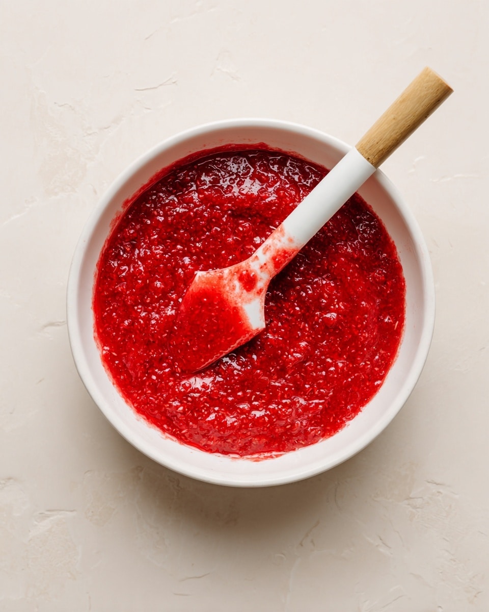 The image shows a white bowl filled with a bright red, chunky mixture that looks like crushed strawberries or strawberry sauce with visible soft fruit pieces. A white spatula with a wooden handle rests inside the bowl, partially covered with the red sauce, showing some texture on its surface. The bowl sits on a white marbled textured surface, creating a clean and fresh background. photo taken with an iphone --ar 4:5 --v 7