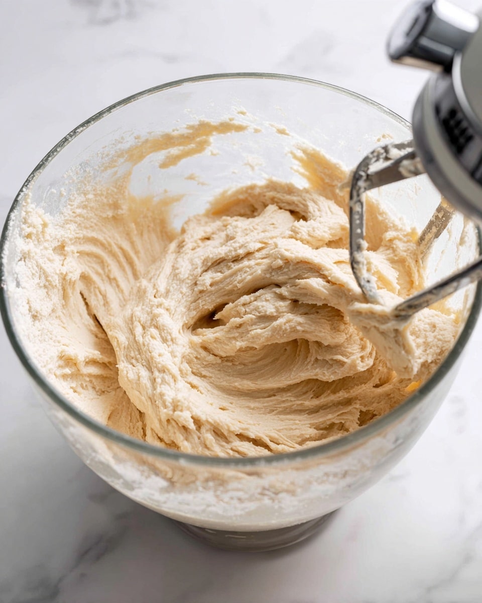 The image shows thick, pale beige dough inside a clear glass mixing bowl attached to a mixer. The dough has a smooth but slightly textured surface with folds and stretches clinging to the metal mixing paddle on the right side. The inside walls of the bowl show smears of dough and a light dusting of flour near the bottom. The background is a white marbled texture. photo taken with an iphone --ar 4:5 --v 7