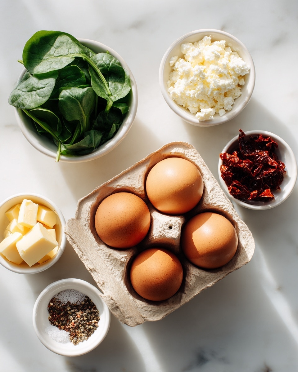 The image shows three brown eggs in a beige carton placed on a white marbled surface. Around the eggs are five small white bowls, each containing different ingredients: one bowl has green spinach leaves, another holds white crumbled cheese, a third contains small yellow butter cubes, a fourth has a mix of salt and crushed pepper, and the last bowl has dark red sun-dried tomatoes. The arrangement is neat and minimal, with bright natural light enhancing the colors and textures of the ingredients photo taken with an iphone --ar 4:5 --v 7