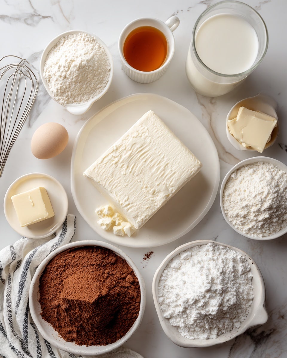 A white plate holds a block of soft white cream cheese with a small crumb falling off. Nearby, a white bowl contains a small square of pale butter. A white cup has a golden brown liquid, likely vanilla extract, and a tall glass is filled with white milk. A separate white bowl is full of white flour, another white bowl is filled with powdered sugar that looks fluffy, and a round white bowl contains a large pile of light brown cocoa powder. A white egg lies near the top left, a metal whisk is placed on the white marbled surface, and a striped white and black cloth is near the bottom right. The entire scene is set on a white marbled texture. photo taken with an iphone --ar 4:5 --v 7