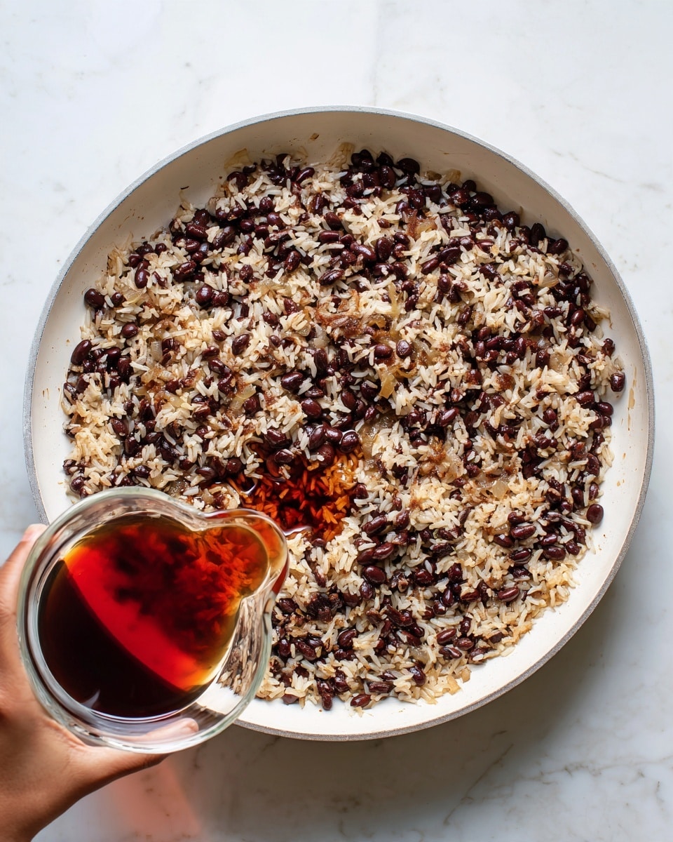 A white pan filled with a mix of cooked dark black beans and light brown rice, with some small pieces of sautéed onions scattered throughout, creating a textured, layered look. The lower part of the pan shows a pool of reddish-brown liquid being poured in from a glass container held by a woman's hand at the bottom left corner. The white marbled surface underneath the pan adds a clean contrast to the rich colors of the beans, rice, and liquid. photo taken with an iphone --ar 4:5 --v 7