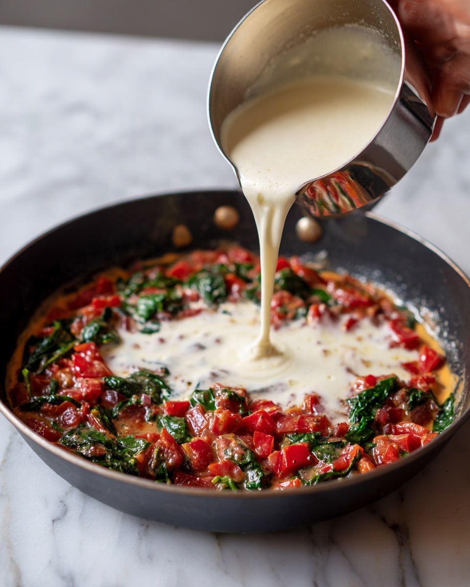 The image shows a black skillet on a white marbled surface with a colorful cooked mixture inside. The bottom layer consists of a tomato-based sauce with small diced red tomatoes and green spinach leaves mixed throughout. On top of this, a thick white liquid, likely cream, is being poured from a shiny metal cup by a woman's hand, spreading over the sauce and spinach. The cream contrasts against the deep red and green base, creating a marbled effect where it meets the other ingredients. The colors and textures are vivid and fresh. Photo taken with an iphone --ar 4:5 --v 7