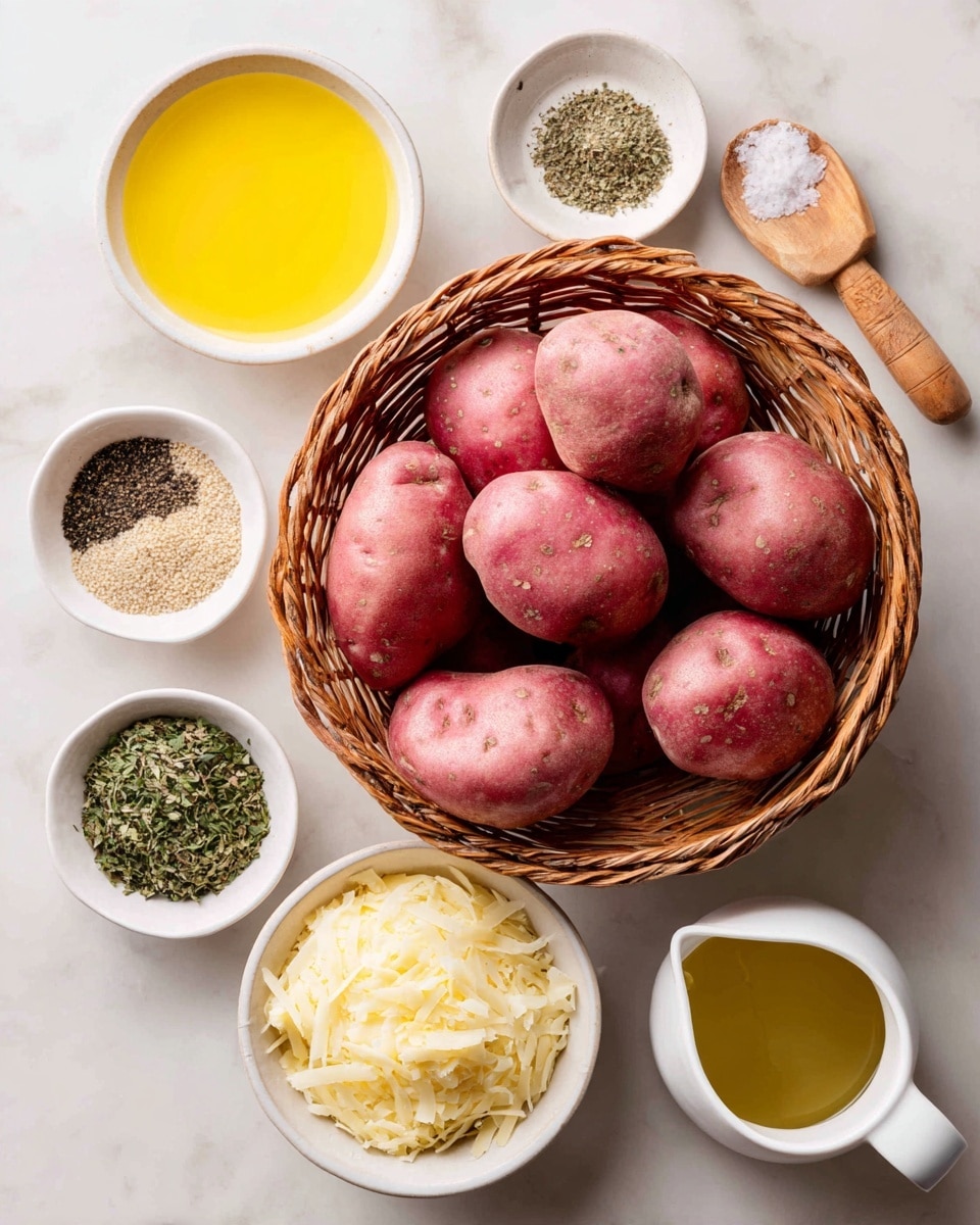 The image shows a basket full of red potatoes with smooth skin, placed in the center on a white marbled surface. Around the basket, there are six small white bowls holding different ingredients: a bowl with melted yellow butter, a bowl with black pepper and salt mixed, a bowl with a light yellow powder, a bowl with green dried herbs, a bowl with grated pale yellow cheese with a small wooden scoop, and a white cup with light olive oil. The items are neatly arranged around the basket, creating a balanced and clean look. Photo taken with an iphone --ar 4:5 --v 7