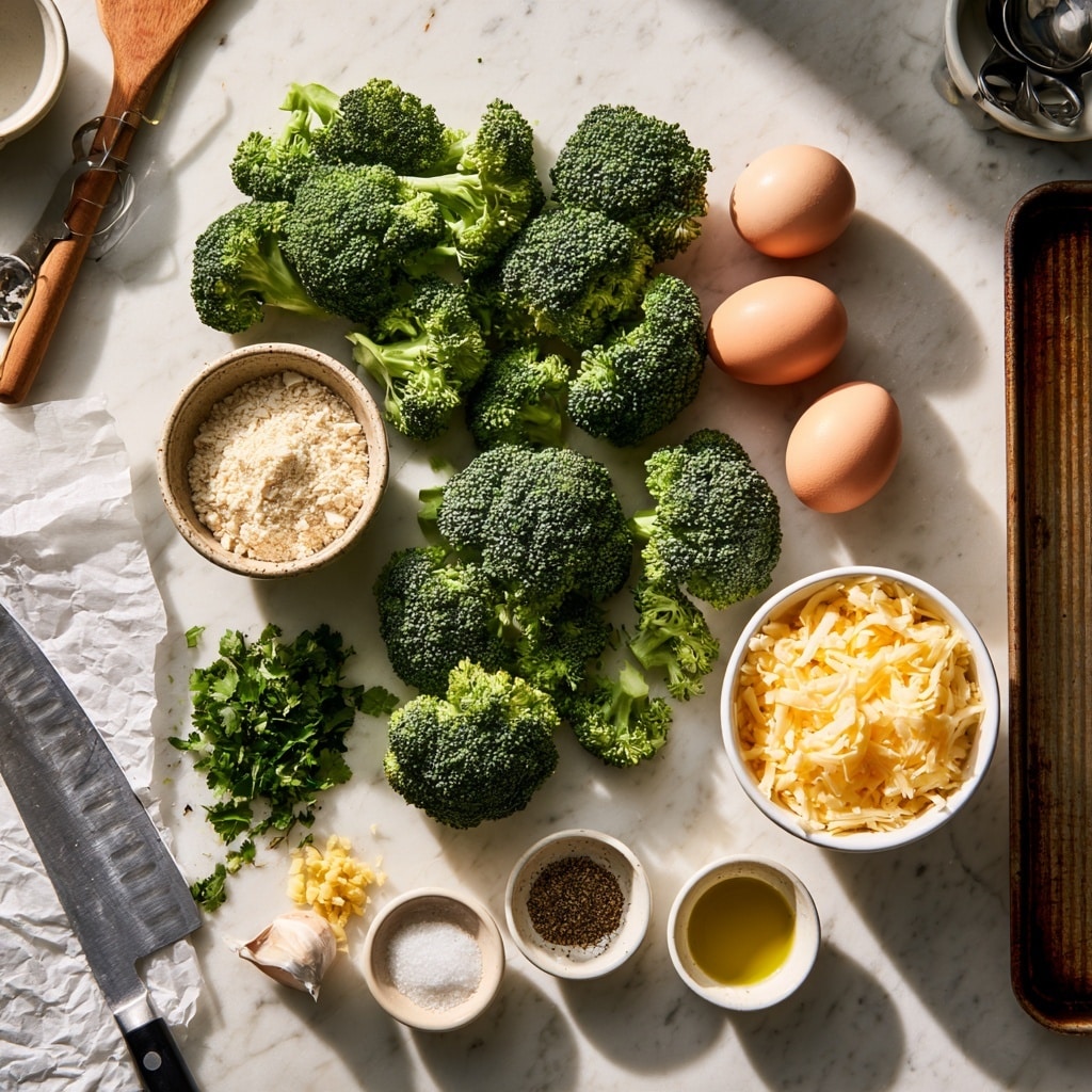 The image shows six steps of making green veggie balls. The first part is a clear bowl of finely chopped green broccoli mixture with a white food processor blade in the center on a white marbled surface. The second part is a clear bowl with layers: bright yellow shredded cheese on top left, a raw egg bright yellow yolk on top right, finely diced white onions on the left, chopped dark green herbs near the middle, flour or breadcrumb powder light beige near bottom left, chopped broccoli bright green on the right, and spices dark brown and red near the center. The third part shows a clear bowl with the mixed green broccoli blend with tiny strands of cheese and herbs mixed throughout. The fourth part shows small green veggie balls made from the mixture, evenly placed in rows on a baking tray lined with light brown parchment paper. The fifth part shows the same green veggie balls after baking, with a golden brown crust and darker toasted spots, on the parchment paper tray. The final part is a close-up of the cooked veggie balls on a dark dish, showing a rough browned texture with bits of green broccoli and light cheese pieces visible. Photo taken with an iphone --ar 4:5 --v 7