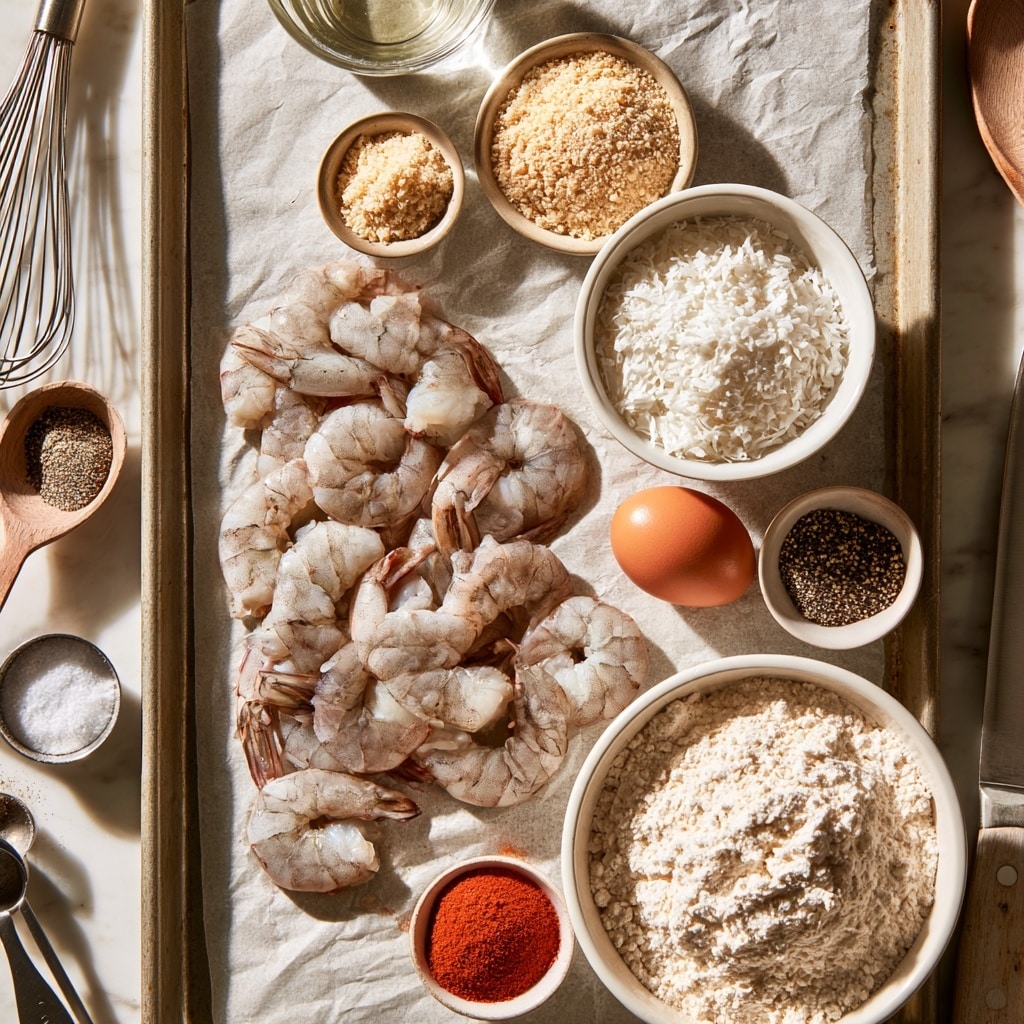 Raw shrimp pieces are arranged in rows on a textured baking tray. Each piece is coated with a crumbly, pale yellow breadcrumb layer mixed with white shredded coconut flakes. The shrimp shapes are curved and uneven, showing the rough texture of the coating with some loose coconut strands scattered around. The tray surface has small raised bumps and looks metallic, while the background has a white marbled texture. photo taken with an iphone --ar 4:5 --v 7