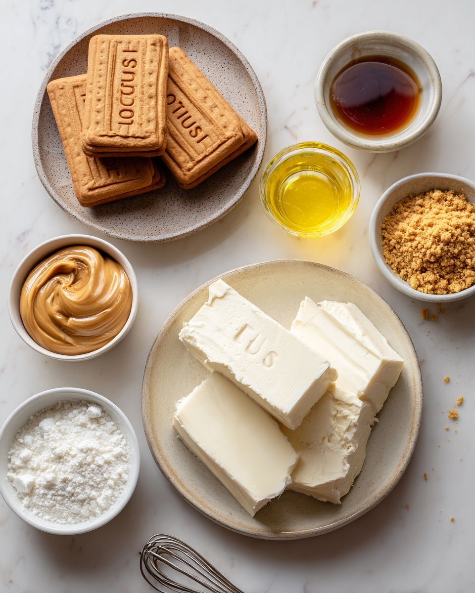 The image shows ingredients arranged on a white marbled surface. In the center, there is a ceramic plate with three thick blocks of white cream cheese stacked unevenly, showing smooth and creamy textures. To the upper left, a round stone-colored plate holds several brown rectangular Lotus biscuits with a ridged edge and the word