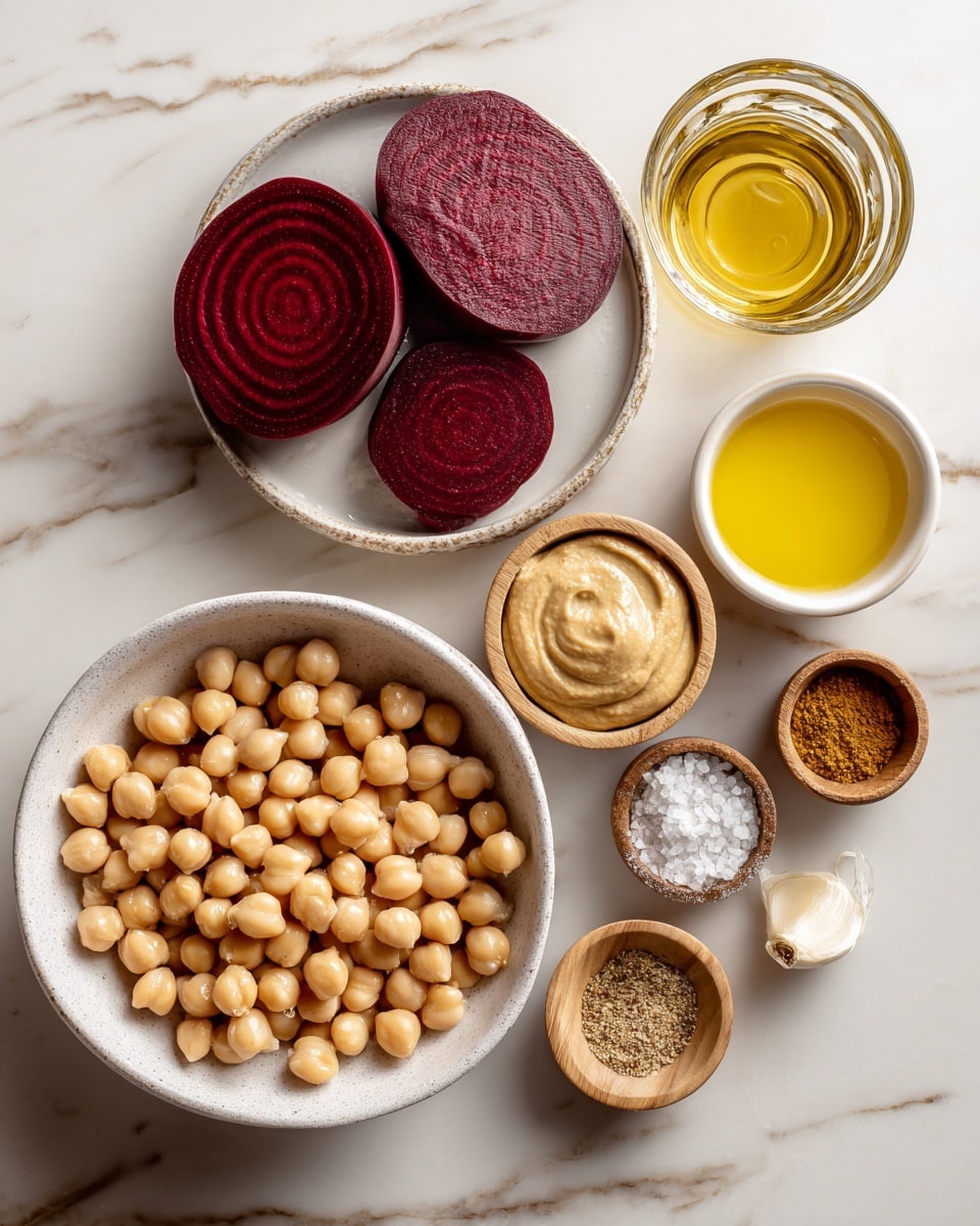 The image shows several white bowls placed on a white marbled surface. One large bowl is filled with light tan chickpeas, showing a round and smooth texture. Another large bowl contains three dark red beet slices with visible concentric rings. A smaller bowl holds a smooth beige tahini paste, while another small bowl contains a bright yellow liquid, possibly lemon juice. There are two tiny bowls with spices: one has a brown powder, and the other holds a mix of ground spice and white salt crystals in a small wooden bowl. A small bowl of minced garlic is present near the center, and a clear glass contains a golden yellow oil. All items are evenly spaced in a top-down view. Photo taken with an iphone --ar 4:5 --v 7