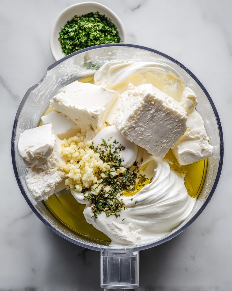 Inside a clear food processor bowl, there are several layers of ingredients including large chunks of white feta cheese, a smooth layer of white creamy yogurt, a drizzle of golden olive oil, and a small pile of minced pale yellow garlic on top. In the background, there is a small white bowl filled with green chopped herbs, all placed on a white marbled surface. Photo taken with an iphone --ar 4:5 --v 7