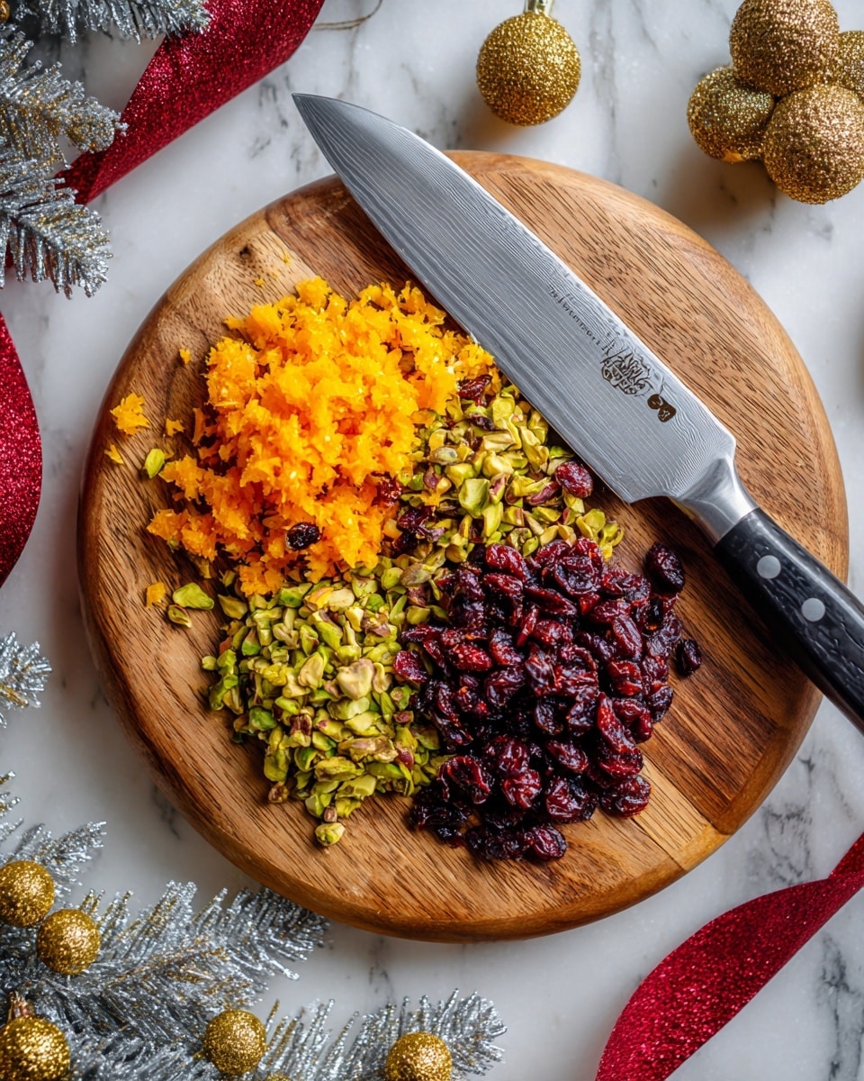 The image shows a round wooden board with three types of chopped ingredients arranged in layers from left to right: bright orange zest, dark red dried cranberries, and light green chopped pistachios. A large kitchen knife with a black handle and silver blade lies diagonally across the board, partially covering the orange zest. The board sits on a white marbled surface with decorative glittery gold and silver pine branches and a red ribbon nearby, giving a festive feel. Photo taken with an iphone --ar 4:5 --v 7