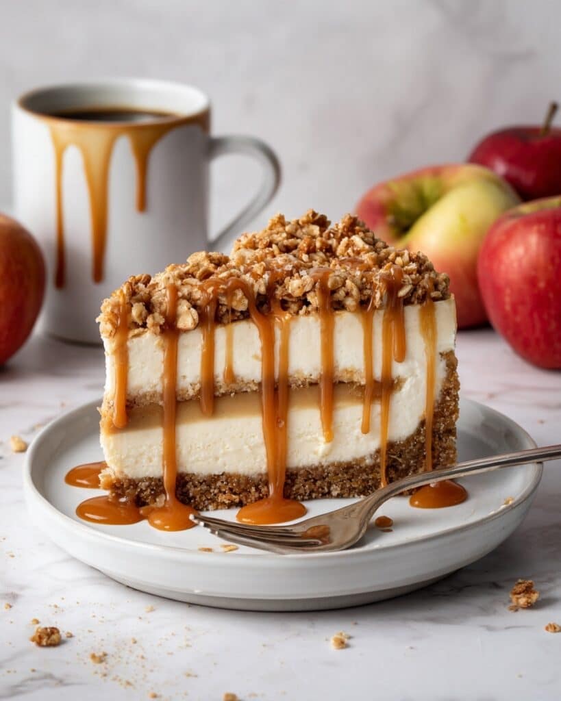 Apple Crisp Cheesecake with Cinnamon Apples and Oatmeal Crumble Recipe