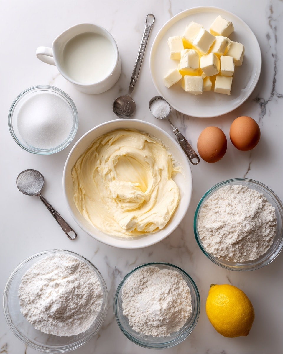The image shows a top view of several baking ingredients placed on a white marbled surface. In the center is a bowl with a creamy pale yellow mixture. Near the top right, there are two brown eggs next to a small white plate filled with small cubes of butter. To the left of the eggs is a white mug filled with a white liquid, likely milk. Below the mug is a clear glass bowl with white granulated sugar, and a metal measuring spoon holding a small amount of salt lies above it. A smaller metal measuring spoon with yeast is placed between two larger clear glass bowls filled with flour on each side. At the bottom, there is a whole yellow lemon showing textured skin. The setup is clean and organized, with a soft natural light. Photo taken with an iphone --ar 4:5 --v 7