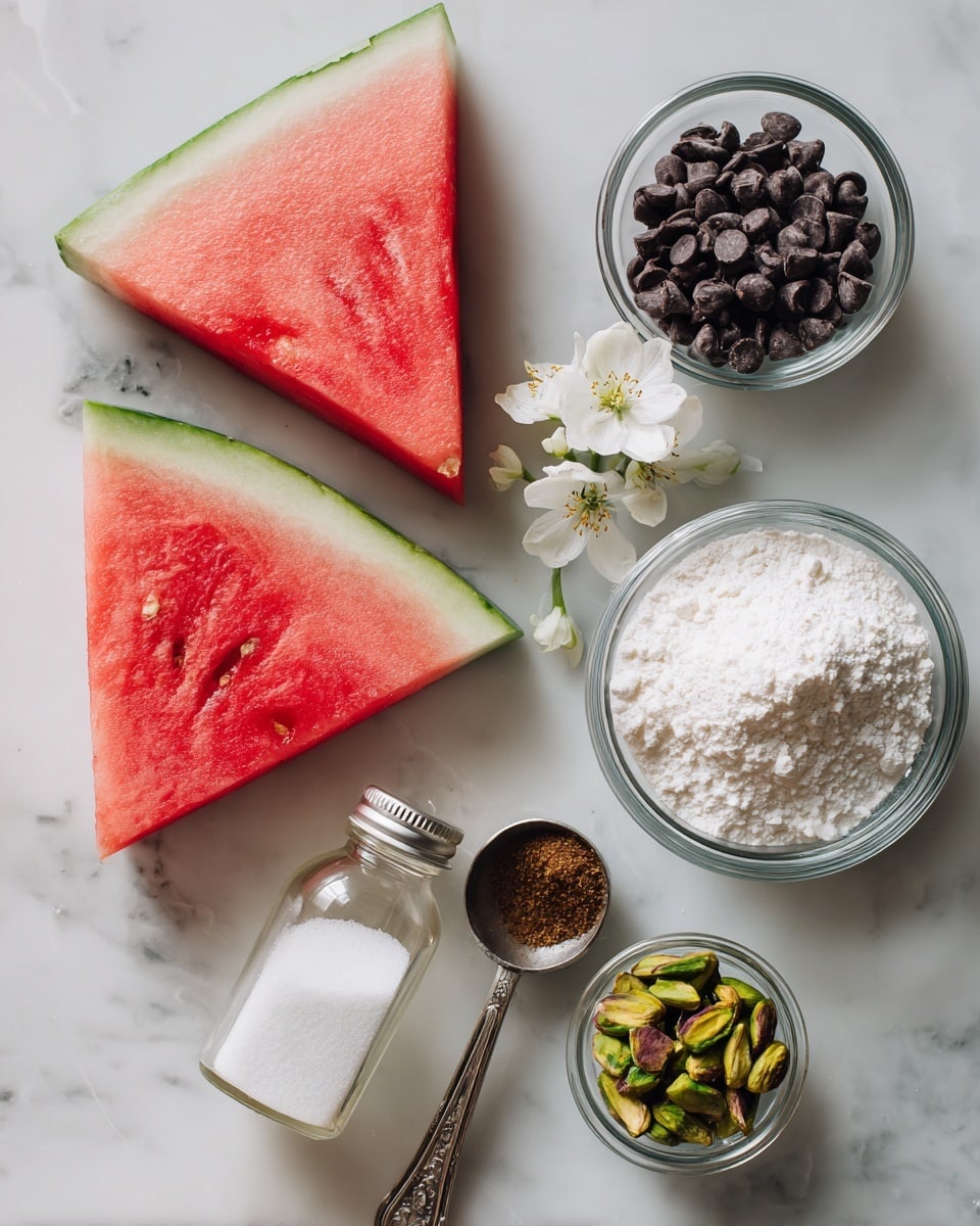 Two triangular slices of watermelon with red flesh and green rind lie on a white marbled surface near a small round glass bowl filled with white sugar and another bowl filled with small dark chocolate chips. Below these, a larger glass bowl holds white powder, possibly flour, and next to it is a small bottle labeled jasmine essence with two white jasmine flowers beside it. Between the sugar and flour bowls, a metal measuring spoon holds a small amount of brown spice, and a small glass bowl with chopped green pistachios sits near the bottom right. Photo taken with an iphone --ar 4:5 --v 7
