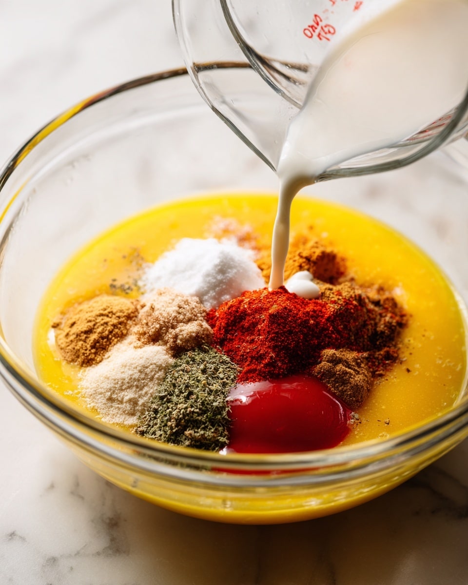 A clear glass bowl filled with several layers of ingredients on a white marbled textured surface. The bottom layer is a smooth, bright yellow liquid, likely eggs. On top of this layer sit several small piles of different spices and powders in colors including white, light beige, dark brown, and green. There are two dollops of bright red sauce near the center. A clear glass measuring cup is pouring a white liquid, probably milk, into the bowl from the side. photo taken with an iphone --ar 4:5 --v 7