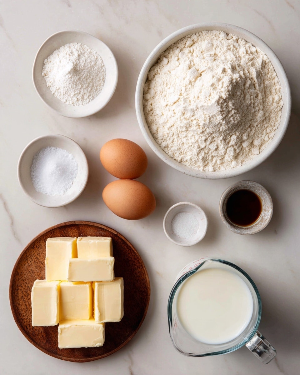 The image shows ingredients neatly arranged on a white marbled surface. In the center right, there is a large white bowl filled with white flour. Below it, three brown eggs are placed closely together. To the right of the eggs, a clear glass measuring cup contains white milk with a slightly frothy texture. On the left side, from top to bottom, there is a small white plate with white baking powder, a small white bowl filled with white granulated sugar, a small white bowl with dark brown vanilla extract, and a round wooden plate holding six square pieces of pale yellow butter. The lighting is soft and natural, highlighting the textures of the ingredients. Photo taken with an iphone --ar 4:5 --v 7