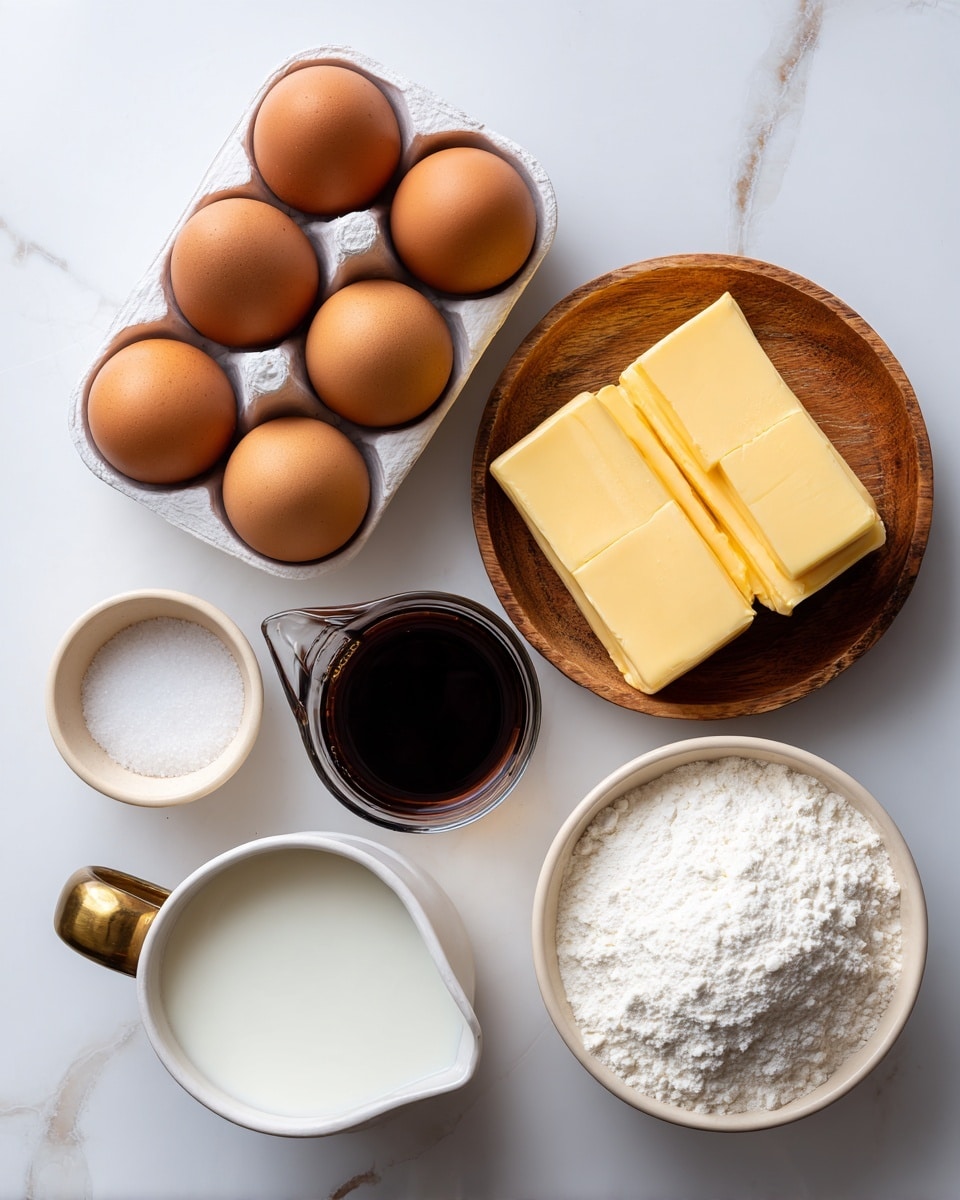The image shows ingredients arranged on a white marbled surface: a white carton holding six brown eggs in two rows, a round wooden bowl with four large yellow butter squares, a clear glass measuring cup filled with white milk, a white ceramic bowl containing dark brown vanilla extract, a small beige bowl with white salt, and a white cup with a brass handle filled with white flour. All items are neatly spaced and clearly visible with soft natural light. photo taken with an iphone --ar 4:5 --v 7