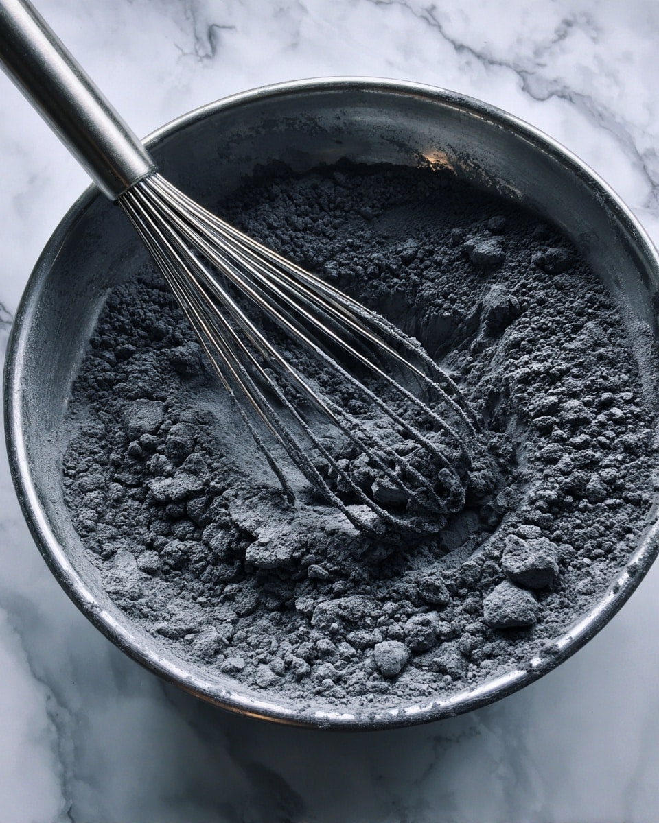 A close-up image shows a metal bowl filled with a dark gray, powdery mixture with a rough texture. A metal whisk is partially submerged in the powder, its wires coated with the gray mixture. The bowl sits on a white marbled surface. photo taken with an iphone --ar 4:5 --v 7