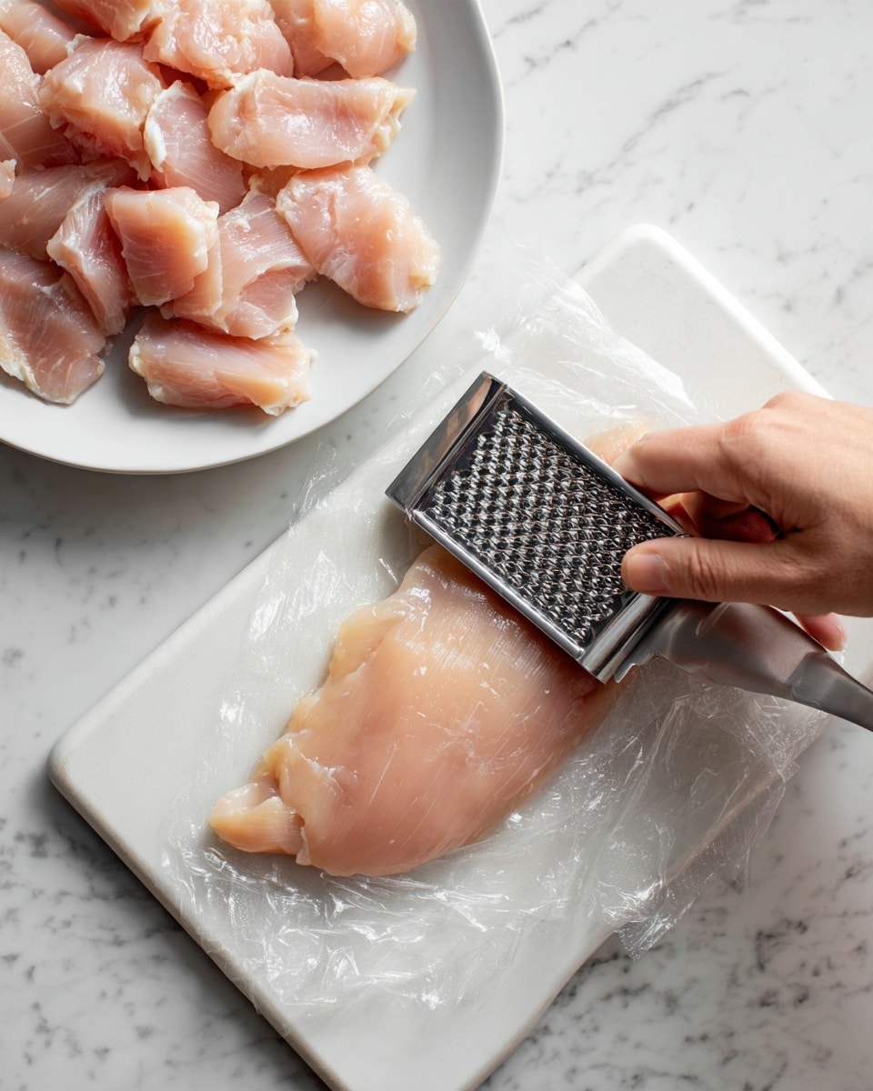 A raw chicken fillet lies flat on a layer of clear plastic wrap placed on a white cutting board, which rests on a white marbled surface. A woman's hand holds a metal meat tenderizer with a black textured flat side, pressing down on the chicken fillet. To the upper left side of the frame, a white plate holds several pieces of raw chicken fillets, overlapping each other with light pink and smooth textures. The light is soft and natural, creating gentle shadows around the objects. photo taken with an iphone --ar 4:5 --v 7