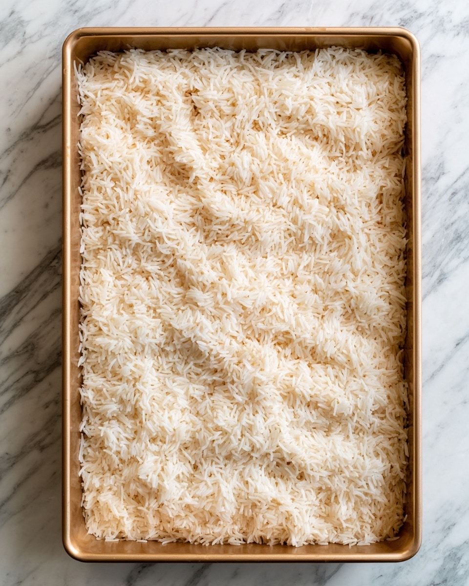 A rectangular gold baking tray filled with one thick, even layer of white cooked rice, spread out loosely with some variation in texture showing individual grains. The tray sits on a white marbled surface. The rice looks fluffy and slightly clumped in some areas, but mostly evenly distributed across the tray photo taken with an iphone --ar 4:5 --v 7