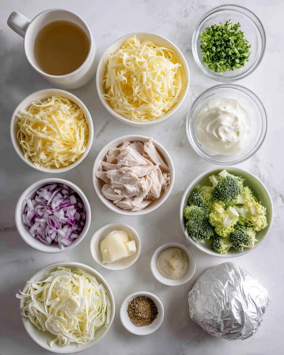 The image shows many small white bowls arranged neatly on a white marbled surface. Each bowl contains different ingredients: shredded yellow cheese in one, shredded white cheese in another, small pieces of raw pale pink chicken in a third bowl, chopped light purple onions in a fourth, chopped green herbs in a fifth, and clear green broccoli florets in a clear glass bowl. There are also small bowls with light beige spices, white cream, yellow shredded ingredient, and a white ball of fresh cheese or ricotta wrapped in foil. A white cup with a light brown liquid, likely broth, is visible on the left side. Everything is placed in an orderly way with soft natural light. Photo taken with an iphone --ar 4:5 --v 7