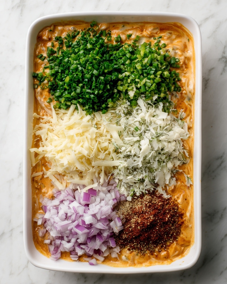 A white rectangular dish filled with a base layer of creamy orange sauce, unevenly spread, creating a textured background. On top of the sauce, there are five separate piles of ingredients: finely chopped green chives at the top left, pale yellow minced garlic near the top center, white shredded cheese slightly to the right, coarsely ground brown and black peppermix in the bottom right, and finely chopped light purple shallots at the bottom left. The dish is placed on a white marbled surface, and the ingredients are neatly grouped without mixing photo taken with an iphone --ar 4:5 --v 7