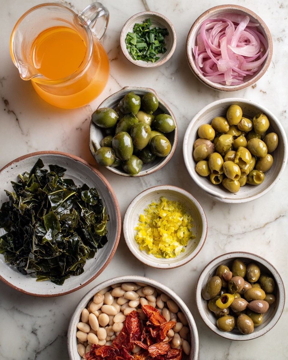A top view of a white marbled surface holding several small white bowls, each with different ingredients arranged neatly. There are nine bowls in total: one filled with chopped dark green leafy vegetables on the left; thinly sliced pale pink shallots; bright green chopped herbs; whole green olives without pits; light beige beans filling a larger bowl; sun-dried red tomatoes; pale artichoke hearts; small dark green capers; and finely chopped bright yellow and off-white pieces in two smaller bowls in the upper left. A clear glass pitcher with orange liquid sits on the lower left. The bowls have a simple design with a brown circle near the rim on some. photo taken with an iphone --ar 4:5 --v 7