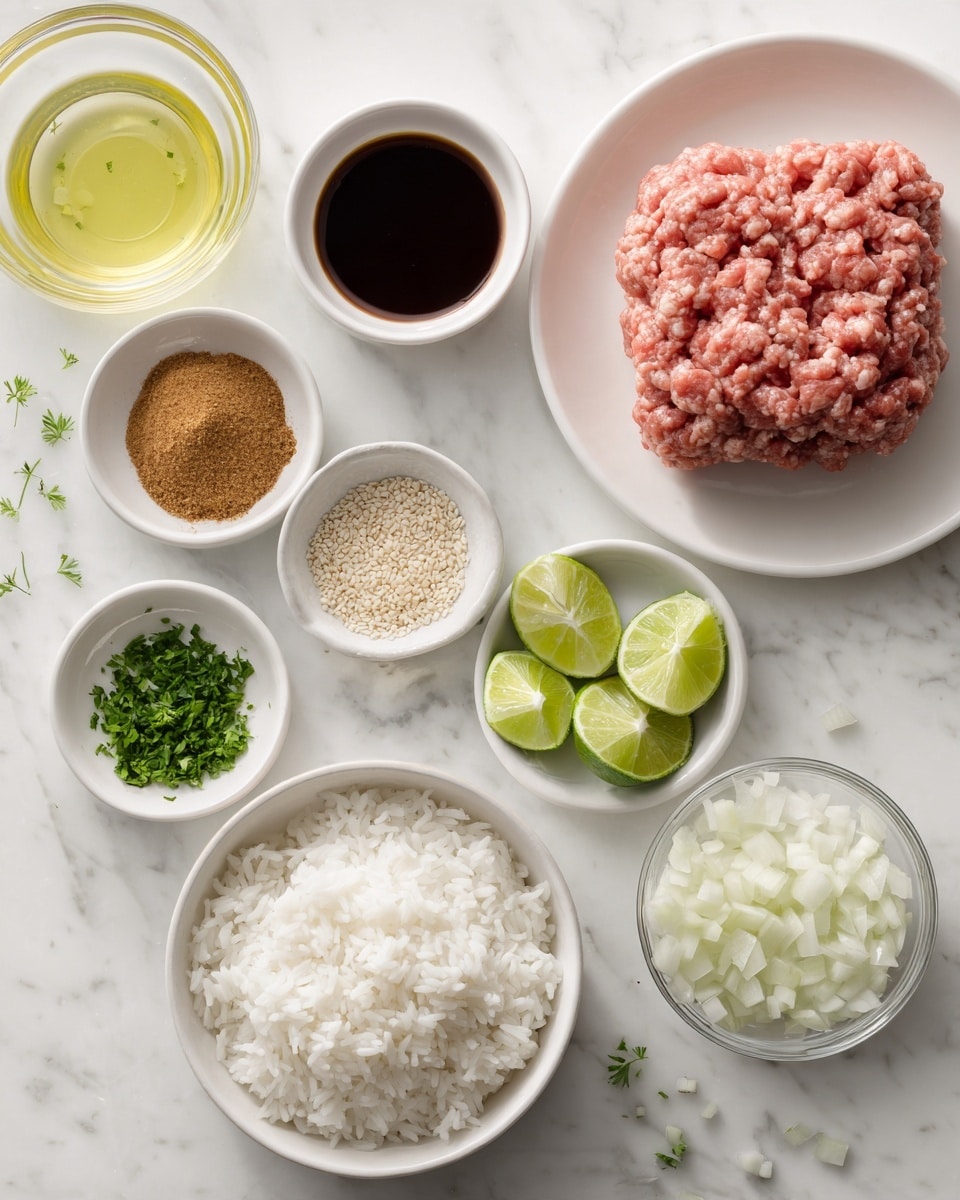 The image shows many small white bowls and a white plate arranged on a white marbled surface. There is a white bowl filled with plain white rice with a smooth texture in the bottom center. To its right is a white plate with a large block of raw ground meat that has a pink color with detailed texture. Several small white bowls hold different sauces and ingredients: dark thick sauce, brown sugar, light brown paste, sesame seeds with chopped green herbs, and three lime wedges placed in a small white bowl. There is a clear glass container with a yellow liquid, likely broth, and a clear glass bowl with what looks like chopped white onions. The items are neatly placed with clear textures and colors, showing a variety of cooking ingredients. Photo taken with an iphone --ar 4:5 --v 7