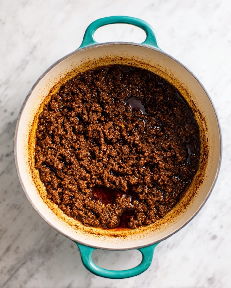 A top-down view of a white pot with teal handles filled with cooked ground beef. The beef is dark brown with a coarse, crumbly texture, and there are visible pools of shiny brown liquid around the meat. The inside walls of the pot are cream-colored with some browned areas near the top edges. The pot is placed on a white marbled surface. photo taken with an iphone --ar 4:5 --v 7