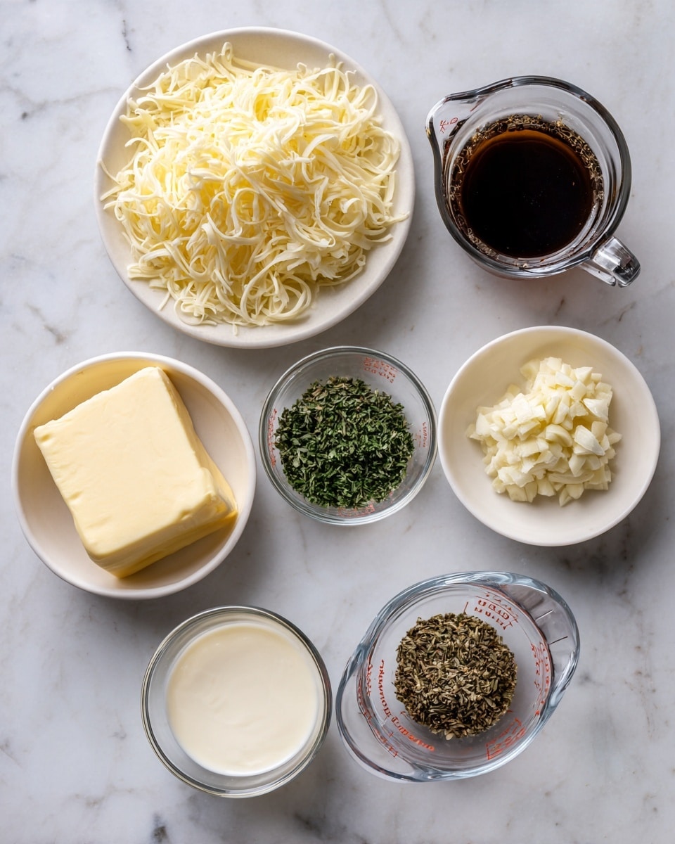 The image shows seven small white bowls and two clear glass measuring cups placed on a white marbled surface. One white bowl contains shredded pale yellow cheese, another holds a block of light yellow butter, while a third bowl has finely chopped fresh green herbs. There is a small clear bowl with minced garlic and another with mixed dried herbs that are brown and green. One large clear glass measuring cup is filled with a dark brown liquid, and the other large cup has a white creamy liquid. All items are neatly arranged in a somewhat circular pattern. photo taken with an iphone --ar 4:5 --v 7