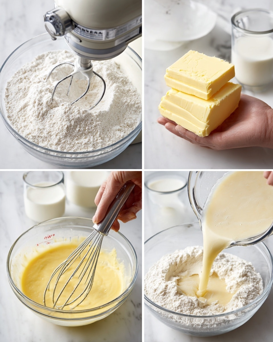 The image shows a four-step baking process with close-up views, all on a white marbled surface. The top-left shows white flour in a clear glass bowl being mixed by a stand mixer with a white paddle attachment. The top-right has a clear measuring cup filled with milk, with a large yellow block of butter floating on top, held by a woman's hand. The bottom-left shows the measuring cup again, this time inside is melted yellow butter mixed with milk, and a metal whisk stirring the mixture. The bottom-right captures the liquid mixture being poured from the measuring cup into the clear bowl of dry flour as the stand mixer’s paddle mixes the ingredients. photo taken with an iphone --ar 4:5 --v 7
