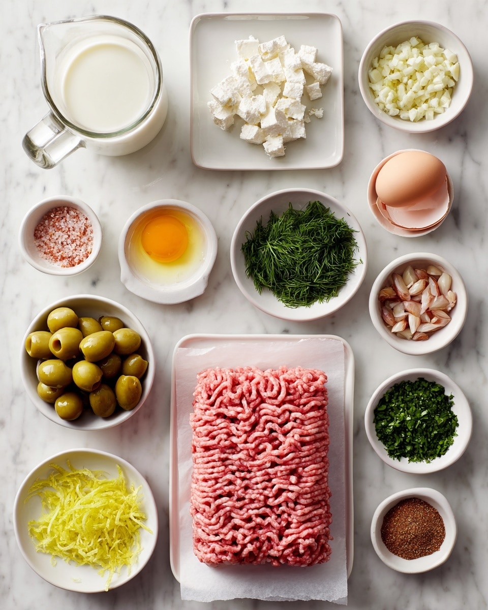 The image shows a white marbled surface with a variety of ingredients arranged neatly in small white plates and bowls, all evenly spaced. At the center right lies a large rectangular block of raw ground meat on white parchment paper, pink and textured with small meat granules visible. Surrounding it are several small bowls: at the top left, a clear glass jug with milk and a small white bowl with an egg yolk; nearby, white crumbled cheese sits in a square block on a small white plate. To the right, minced garlic in a small white ceramic bowl, roughly chopped green herbs like parsley and dill in a white bowl, and bright yellow lemon zest in another small white bowl. Other white bowls hold green olives, small capers, a creamy white sauce with a smooth texture, and ground spices including a mixture with light brown and green tones where the spices form a heart shape. The overall look is clean and organized with a crisp, fresh feeling. photo taken with an iphone --ar 4:5 --v 7