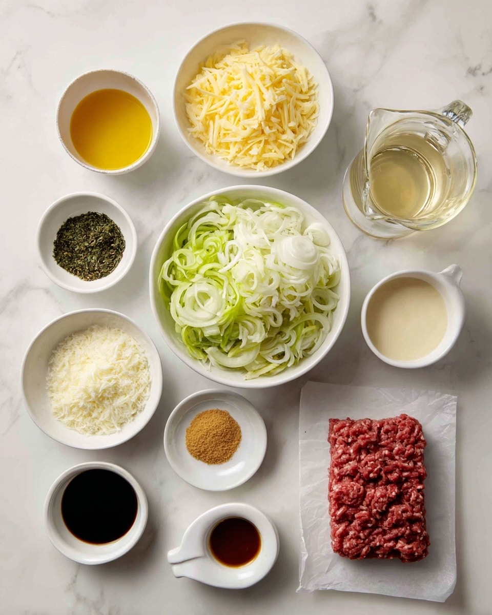 A top view of various cooking ingredients placed neatly on a white marbled surface, including a large white bowl filled with finely sliced green and white vegetables in the center. Surrounding it are smaller white bowls holding shredded cheese, yellow grated substance, light brown crumbs, mustard, dark soy sauce, dried herbs, and a creamy white sauce. There is also a small transparent pitcher with a clear liquid and a white pitcher with a golden-yellow liquid. On the right side, there is a rectangular block of raw minced meat on white parchment paper. The overall arrangement is clean and organized, with different textures and colors visible in each bowl. photo taken with an iphone --ar 4:5 --v 7