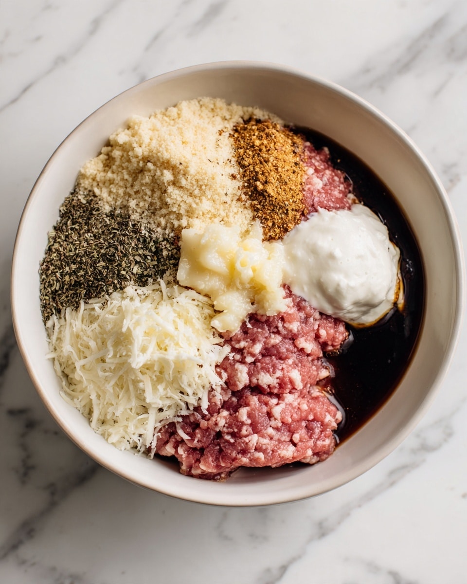 A white bowl on a white marbled surface holds several separate layers of ingredients. On the bottom right is a layer of pink raw ground meat. Above it is a dark brown liquid sauce. To the right top of the meat is a dollop of white cream. Below that is a small pile of pale yellow minced garlic. To the right are small piles of black pepper and dried herbs. On the top left side is a large amount of light brown breadcrumbs. Below that is a clump of shredded white cheese. All ingredients are unmixed and clearly visible inside the bowl photo taken with an iphone --ar 4:5 --v 7