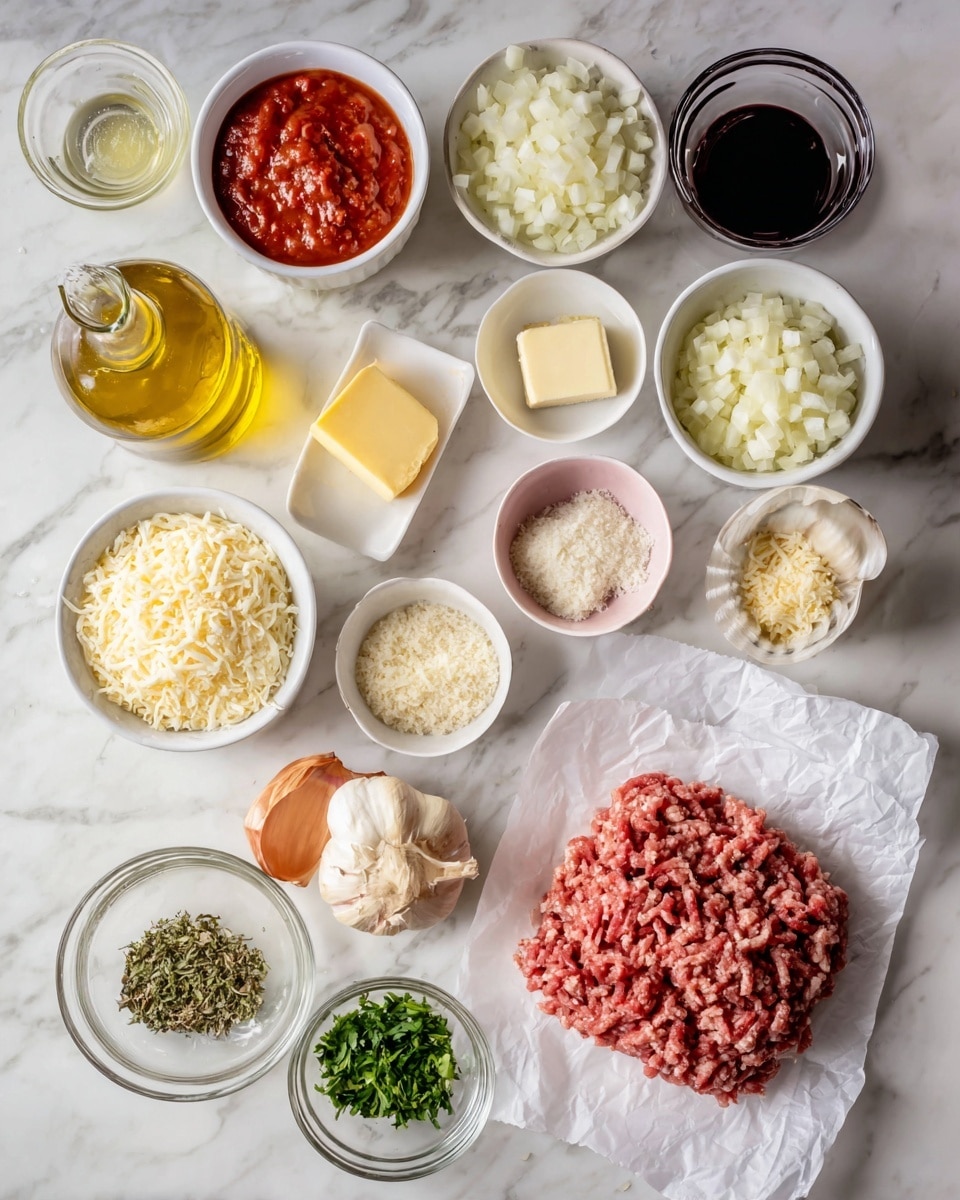 The image shows a top view of various ingredients placed neatly on a white marbled surface. There is a layer of ground meat on a white piece of parchment paper in the center-right. Surrounding it are small white and pink bowls with chopped onions, grated cheese, breadcrumbs, crushed garlic, egg, cream, chopped shallots, and a small square of butter. There are also small bowls filled with tomato sauce, fresh herbs, olive oil, and glass containers with liquid ingredients like vinegar and wine. All ingredients are clearly separated and organized, ready to be used in a recipe photo taken with an iphone --ar 4:5 --v 7