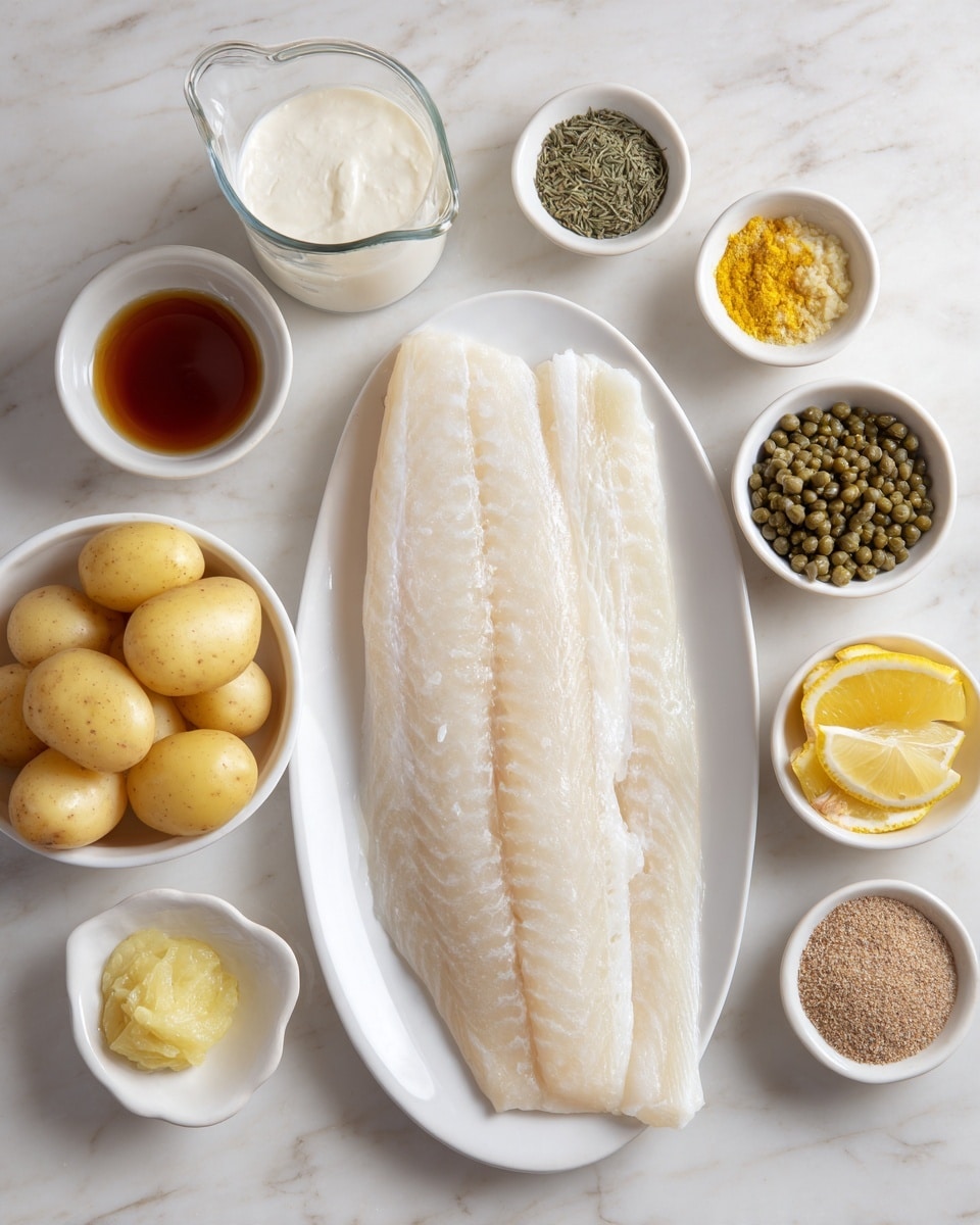A white oval plate in the center holds a large, pale white fish fillet with a smooth texture. Surrounding the plate are several small white bowls with different ingredients: a bowl with small yellow round potatoes at the bottom left, a bowl with light green capers at the middle right, and a bowl with lemon wedges at the top right. There are also small white bowls containing various seasonings: a bowl with light brown and green spices near the top center, a bowl with yellow minced ginger below it, a bowl with golden melted butter near the center left, a bowl with dark brown liquid tea or sauce to the left of the butter, and a glass measuring cup with a white creamy liquid at the top left. A small plate at the bottom right holds two types of mustard, one grainy brown and the other smooth yellow. All items are placed on a white marbled surface photo taken with an iphone --ar 4:5 --v 7
