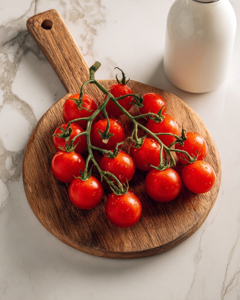 A round wooden board with a short handle holds two clusters of bright red cherry tomatoes still attached to their green stems. The tomatoes are smooth and shiny, arranged close together with the green stems crossing slightly. The board is placed on a white marbled surface, and to the upper right, there is a white bottle, partially visible with a shiny cap. The scene is lit softly, highlighting the fresh texture of the tomatoes and the natural grain of the wooden board photo taken with an iphone --ar 4:5 --v 7