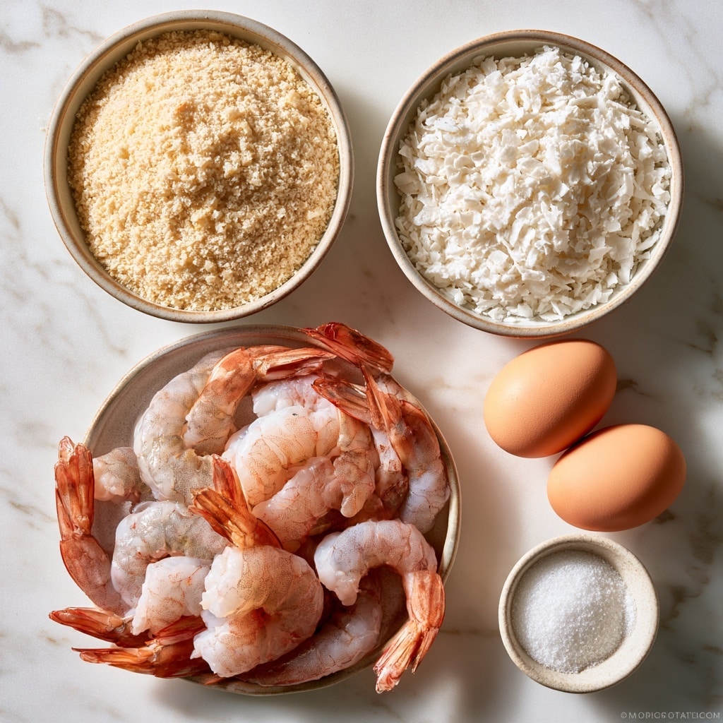Inside a black air fryer basket, there are nine pieces of large shrimp arranged in a single layer. Each shrimp is coated with a thick, uneven layer of light golden breadcrumbs mixed with white shredded coconut, giving a rough and textured look. The shrimp tails are exposed and show a darker orange color, adding contrast to the coating. The basket itself sits on a white marbled surface with some scattered crumbs around. photo taken with an iphone --ar 4:5 --v 7