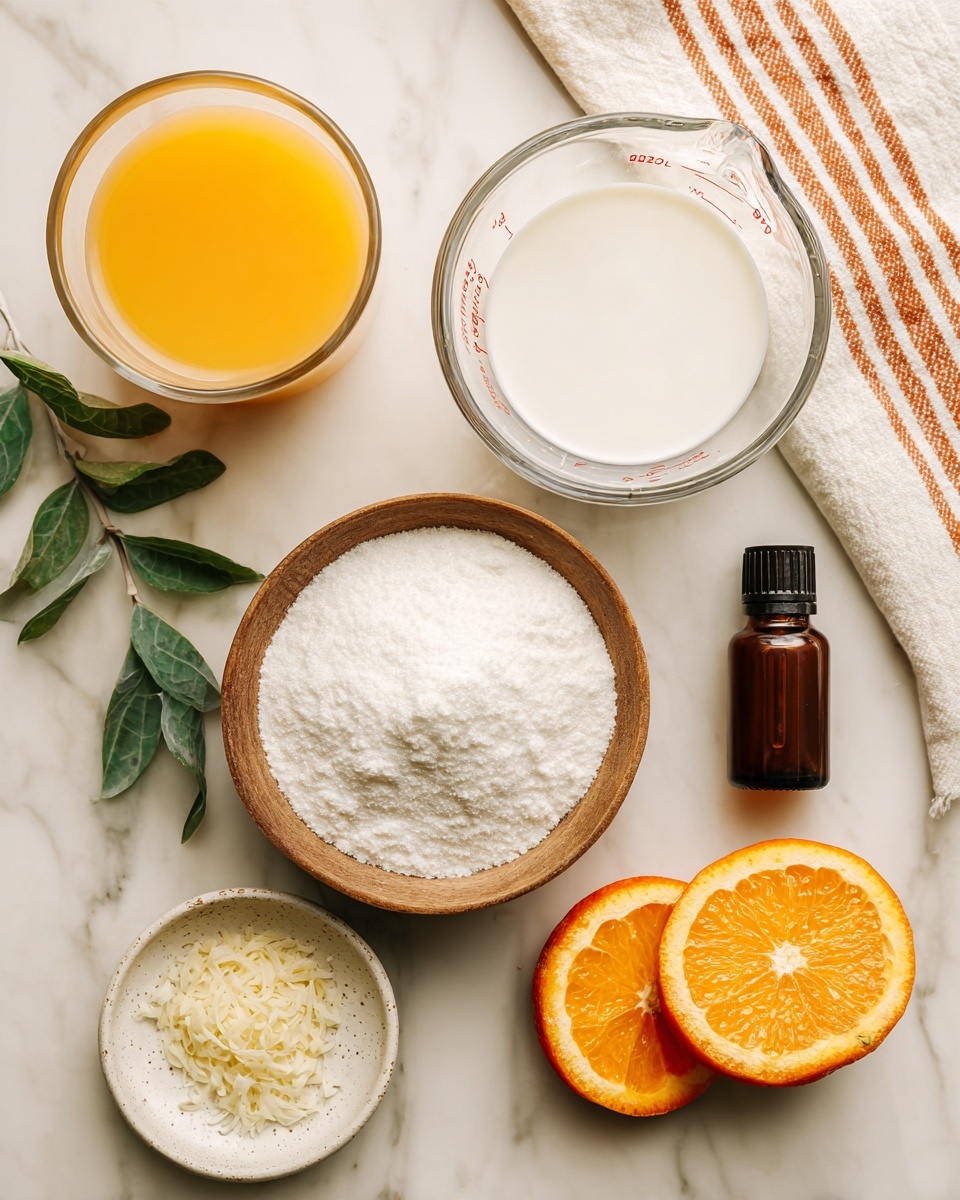 The image shows several ingredients arranged on a white marbled surface: a clear glass container with orange juice on the left, a small white bowl with grated orange zest below it, a round wooden bowl filled with white granulated sugar in the center, and a clear Pyrex measuring cup with a white liquid, likely milk, on the top right. A dark brown small dropper bottle sits near the bottom center, and a white plate holding two orange halves is partially visible on the bottom right. There is also a folded white cloth with orange stripes and green leaves near the top center. photo taken with an iphone --ar 4:5 --v 7